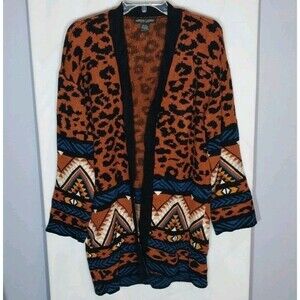 Sabrina Lauren Long Open Cardigan L Leopard Southwestern Chevron Soft Knit